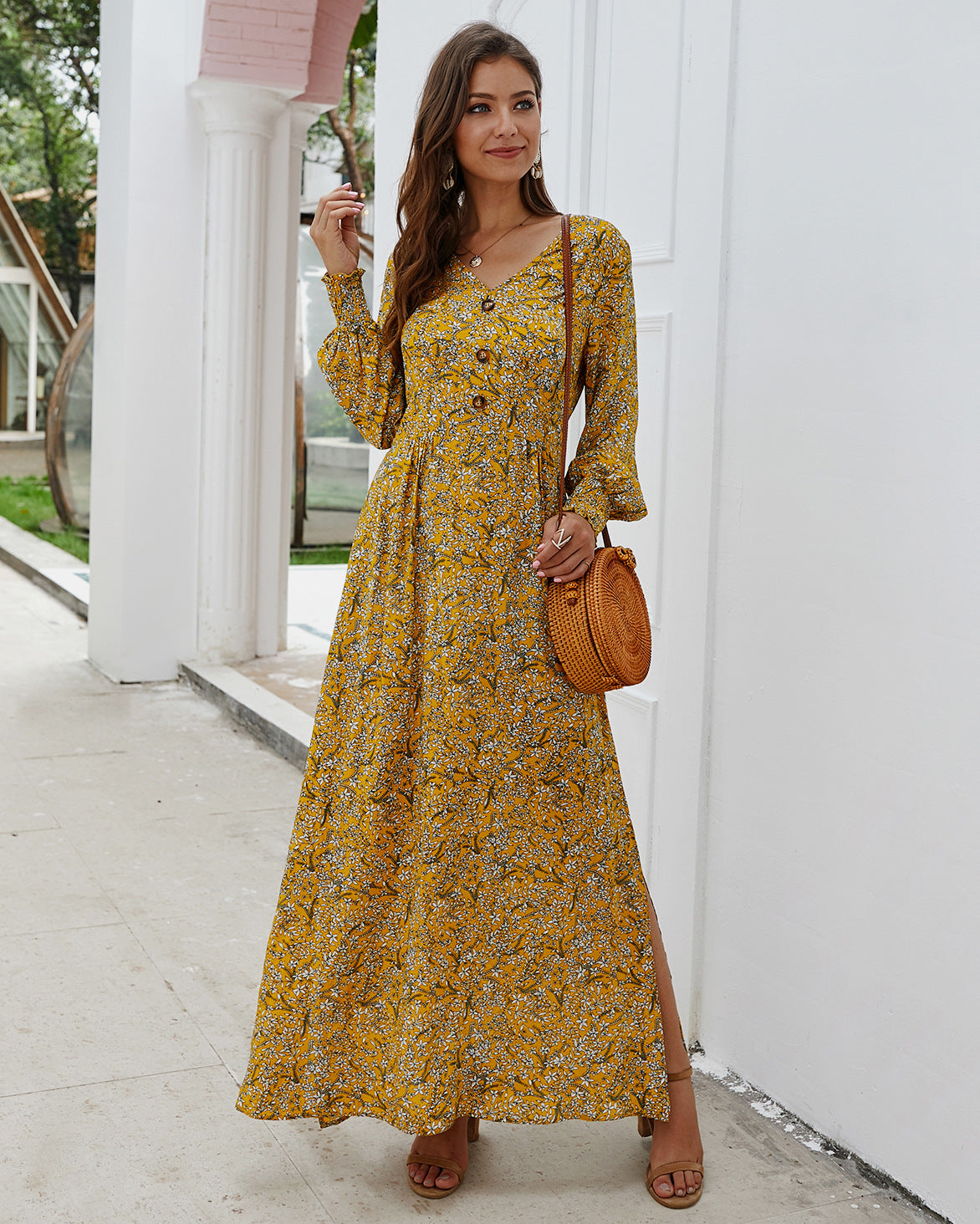 فستان ماكسي زهري عتيق صيفي على شكل حرف a بخصر عالٍ وأكمام واسعة ربيعية طويلة أنيقة بتصميم بوهو للنساء