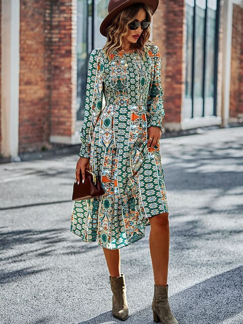 فستان بوهيمي برقبة مستديرة للربيع والخريف، تنورة كبيرة جديدة للفصول الأربعة 