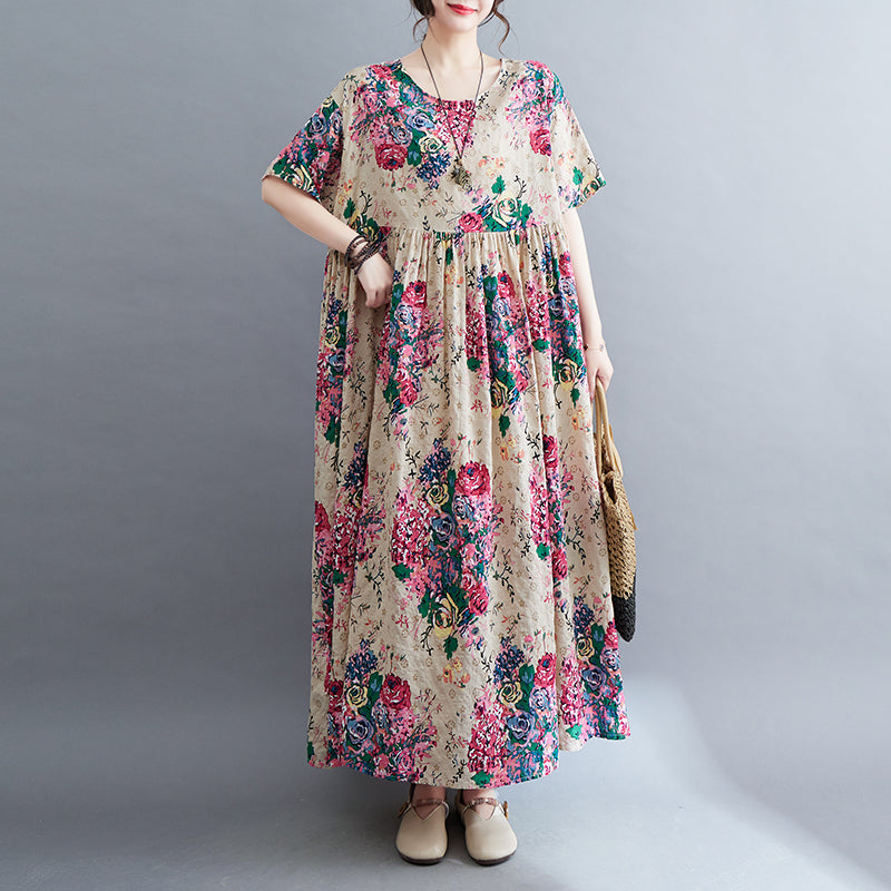 Women's new skirt Mori girl pastoral style summer new literary and artistic large size women's clothing fat MM plus fat plus printing short-sleeved li