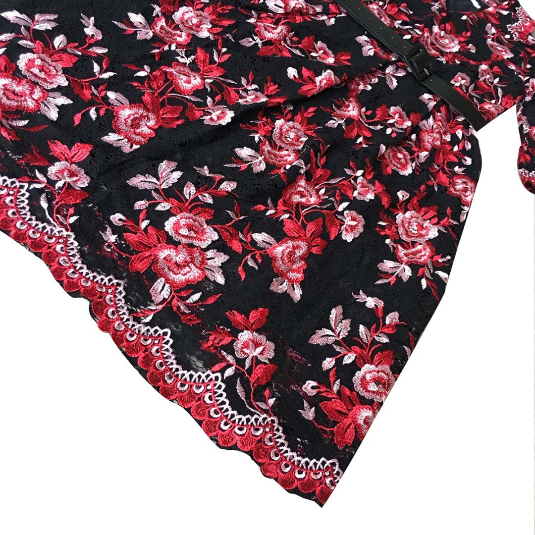 European and American hot-selling lace  flowers V-neck waist A-line dress African temperament commuter dress with belt