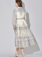639  shot new  end silk linen long-sleeved printed court style dress with belt