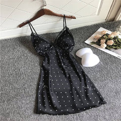 Summer Lace Dot Nightgown Women Thin  Out Ice Silk Strap Chest Pad Nightdress