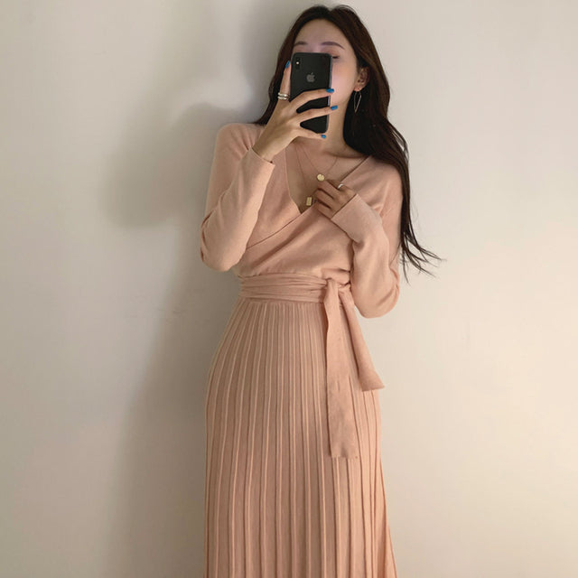 Stretchy Women Knitted Bodycon Pencil Dress New 2022 Autumn Winter Solid Vestidos Long Sleeve V Neck Slim Lady Chic Korean Dress