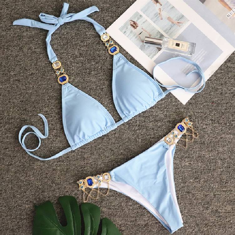 Sports Bikini Crystal Diamond Bandage Red Split Female Swimsuit High Waist Two piece Pure Color Halter Bikini