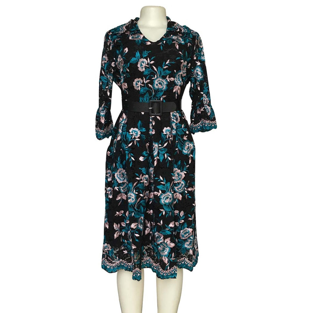 European and American hot-selling lace  flowers V-neck waist A-line dress African temperament commuter dress with belt