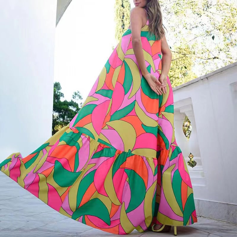 2023 الربيع والصيف الأوروبية والأمريكية الجديدة ركاب نمط فستان فرنسي عميق الخامس الرقبة عارية الذراعين الحمالات فستان مُزين بطباعة 