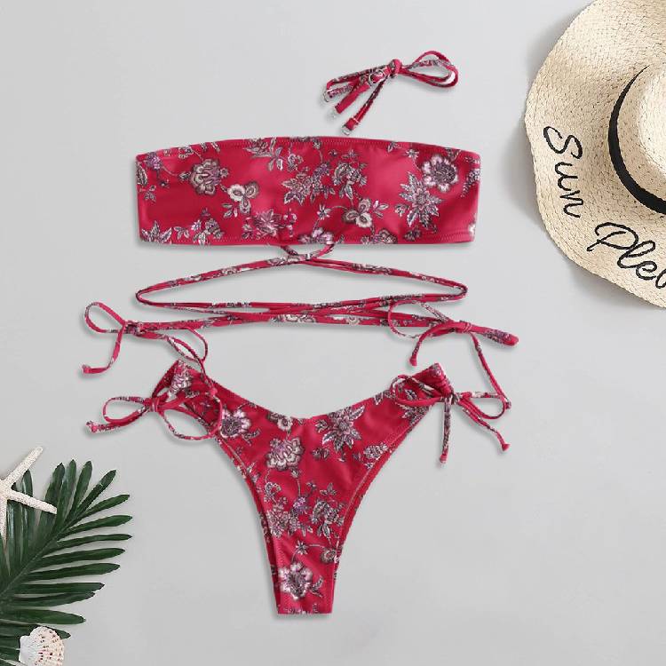 Women Flower Print Tube Top Two Pieces Bikini Set Swimwear Swimsuit Beachwear Beach Bikini 2021 Woman Front  Up Tie