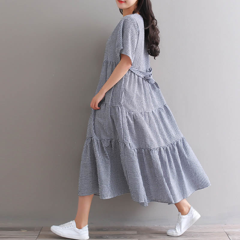ZANZEA women's round neck short-sleeved plaid cotton and linen stitching cake skirt dress with belt