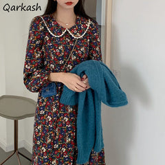 Long-sleeved retro printed dress women's full-court sweet Peter Pan collar elegant women's  students full-court aesthetic autumn