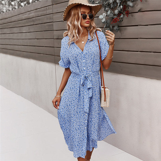 Women Flower Dress 2023 Summer Casual Short Sleeve Button Up Holiday Midi Dress Women V Neck Beach Boho Style Dress Elegant Robe