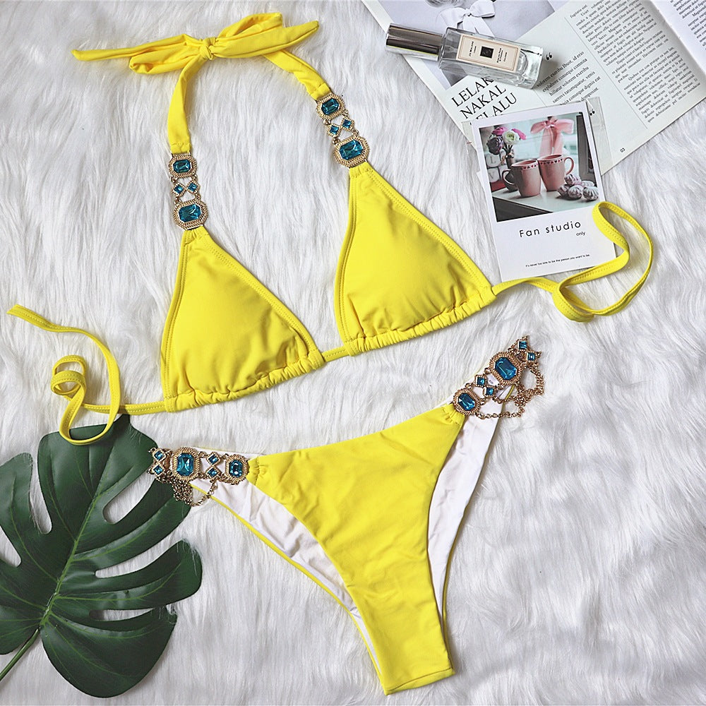 Explosive Crystal Diamond Bikini New European and American Bandage Plain Women's Split Swimsuit Gold Accessories Swimwear