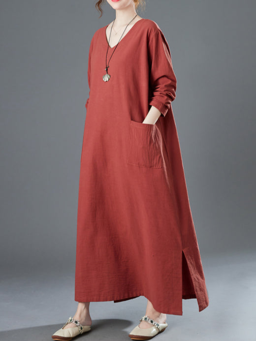 Ladies spring new retro cotton and linen V-neck plus fat to increase  long-sleeved dress robe