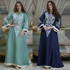 Middle East Ramadan New Muslim Women's Long Dress Embroidered Color Matching Dress Jalabiya Ethnic Arab clothing