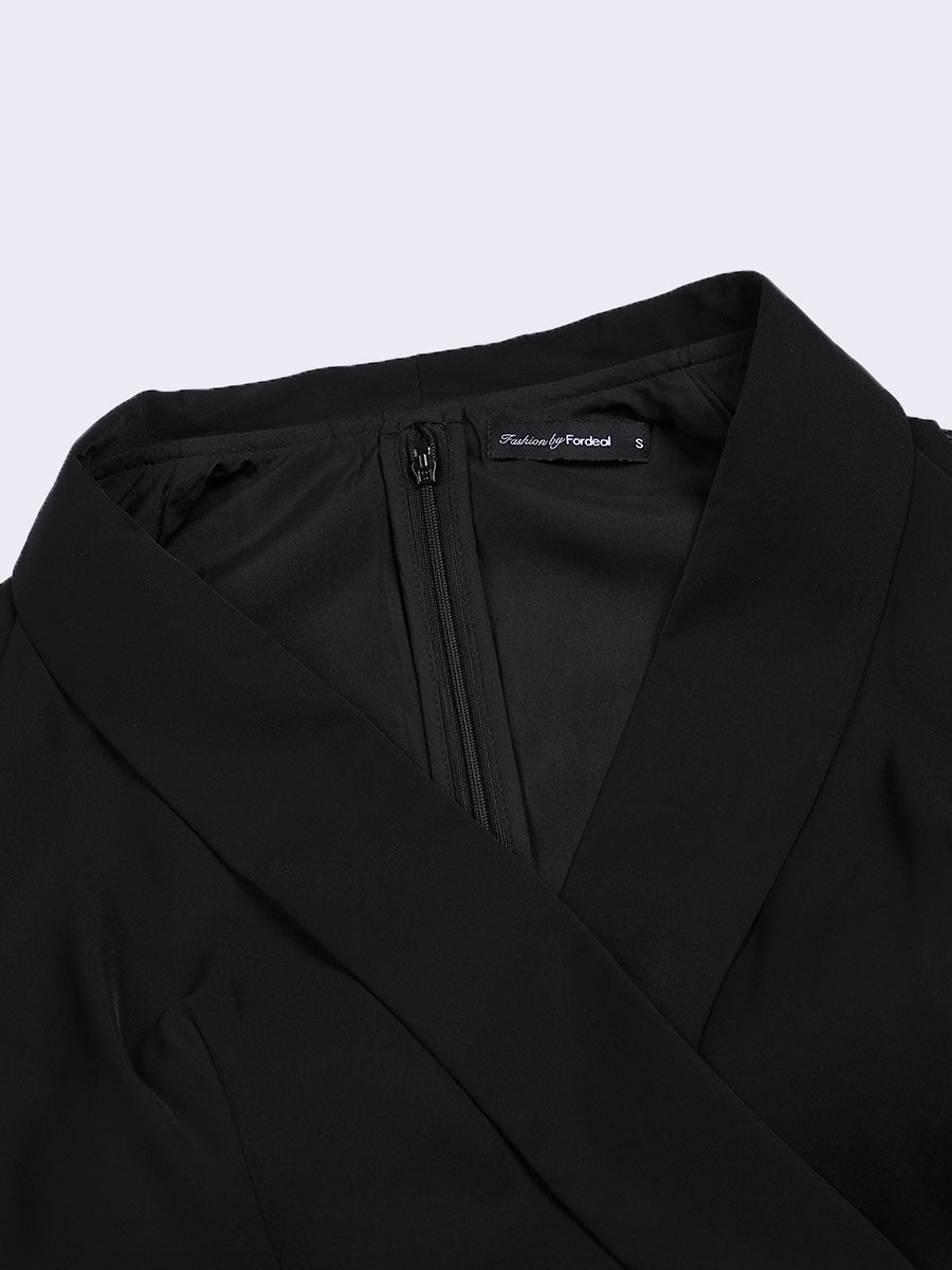 Black Elegant Satin V-Neck Fringed Hem Dress