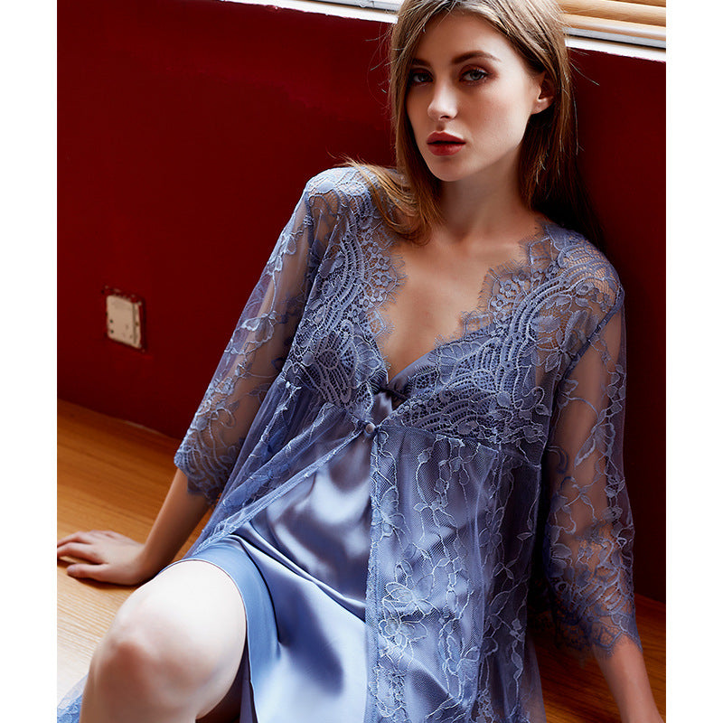 Ladies nightgown ice silk pajamas fun suit women's European and American plus size summer new two-piece nightdress