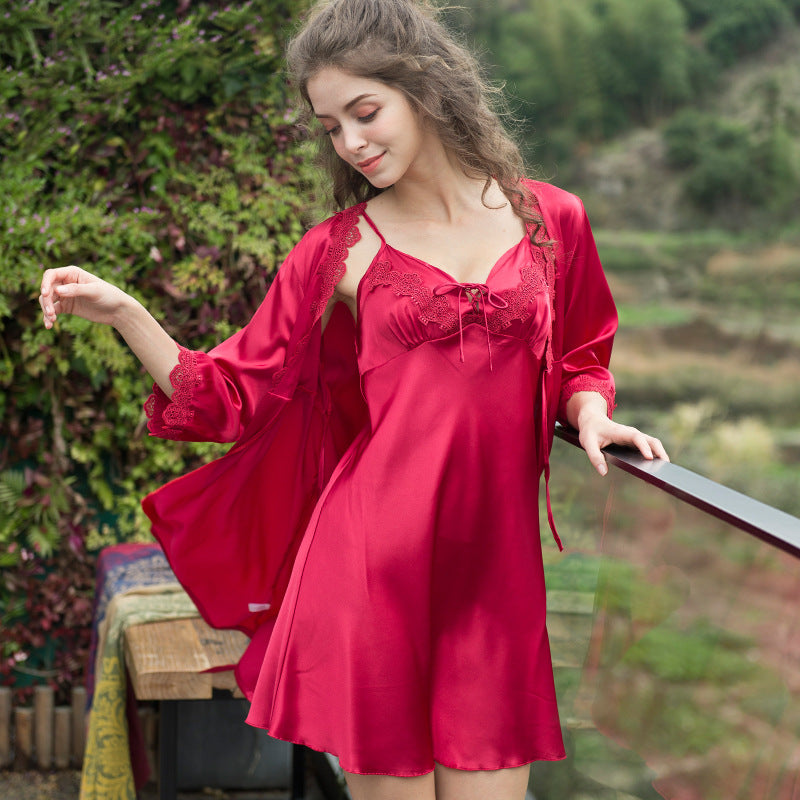 Summer two-piece women's suspender nightdress silk satin nightgown home service