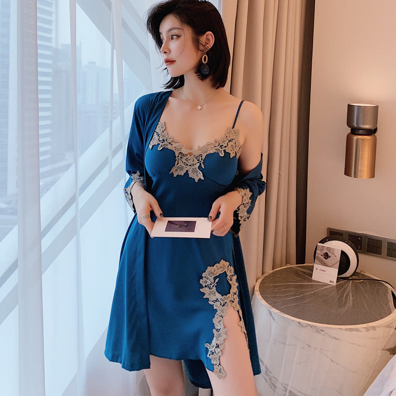 2PCS Pajamas Set Womens Long Sleeve Nighty Robe V-Neck Sleep Wear Pijama Home Nightie Sexy Bathrobe Gown Suit vest with Chest Pad Silk Slip Nightdress