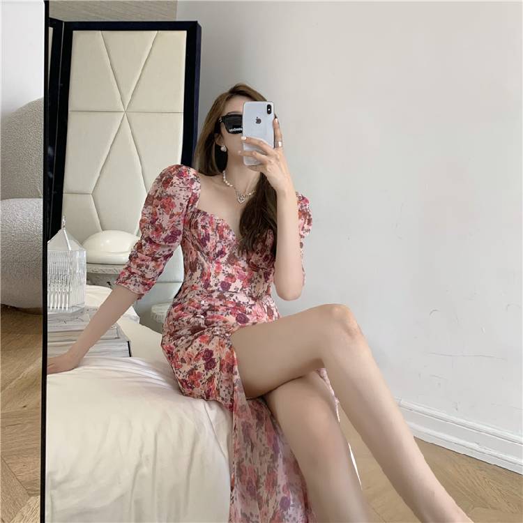 فستان للنساء 2021 فستان شيفون صيفي منقوش عليه زهور سبليت بوهو بيتش وردي فستان طويل مثير 3318 # 