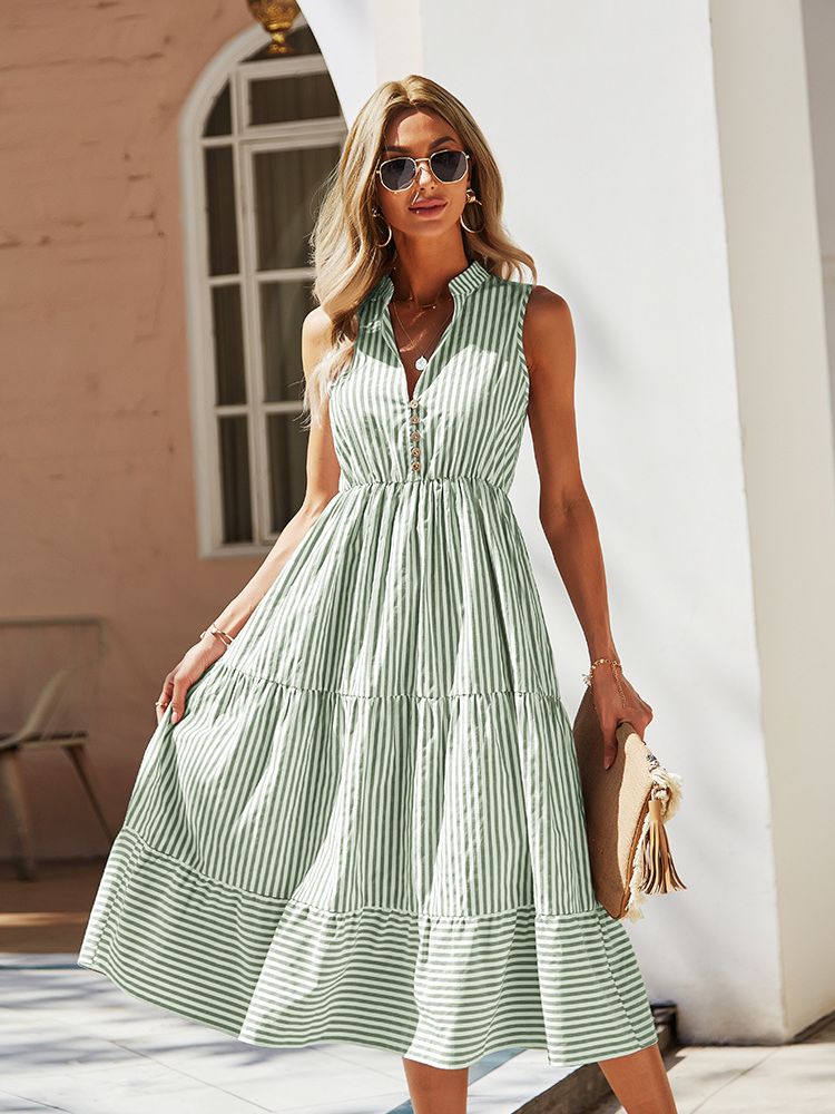 السيدات خمر بوهو فستان صيفي المرأة بلا أكمام عطلة عادية مخطط قميص فستان المرأة فستان الشمس وتتسابق رداء الإناث 