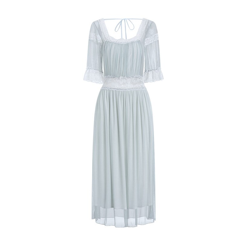 Women Retro Short-sleeved Nightdress Sweet Mesh Lace Long Nightgowns Girls Sexy Lingerie European Court Style Sleepwear Dress