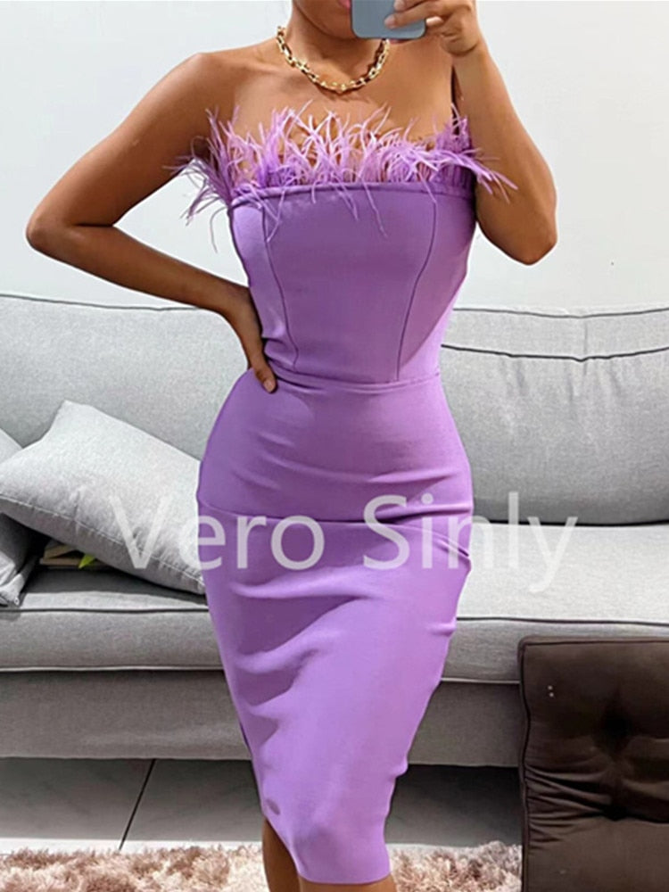 New Summer Sexy Strapless Backless Feather Black Midi Women Bodycon Bandage Dress 2022 Designer Fashion Party Club Dress