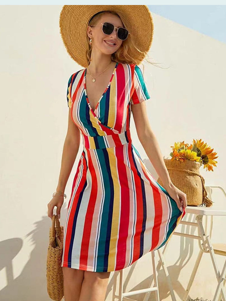 فساتين بوهو نسائية صيفية عصرية بياقة على شكل V وأكمام قصيرة ومطبوعة لحفلات الشاطئ للنساء، فساتين أنيقة غير رسمية للعطلات للنساء