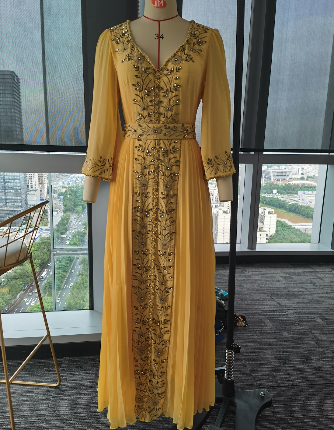 Elegant Gold  Diamond Waist Chiffon Dress