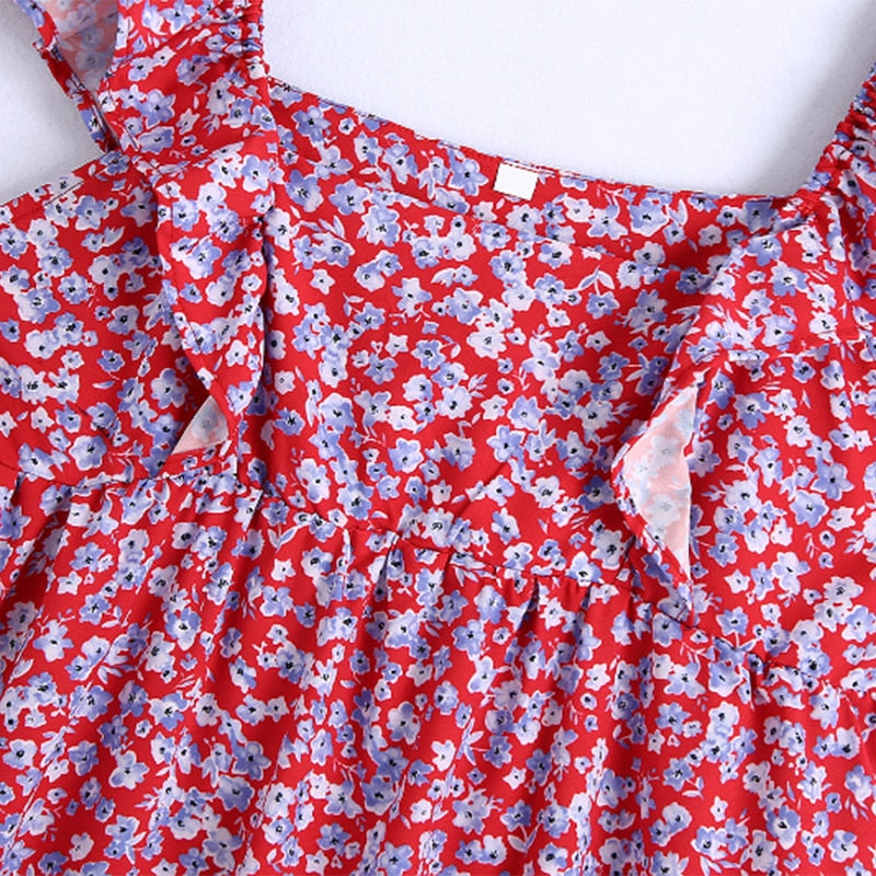 فستان صيفي نسائي بوهو مطبوع عليه زهور بحزام سباغيتي فستان طويل مكشكش فستان صيفي طويل للسيدات بدون أكمام للحفلات 