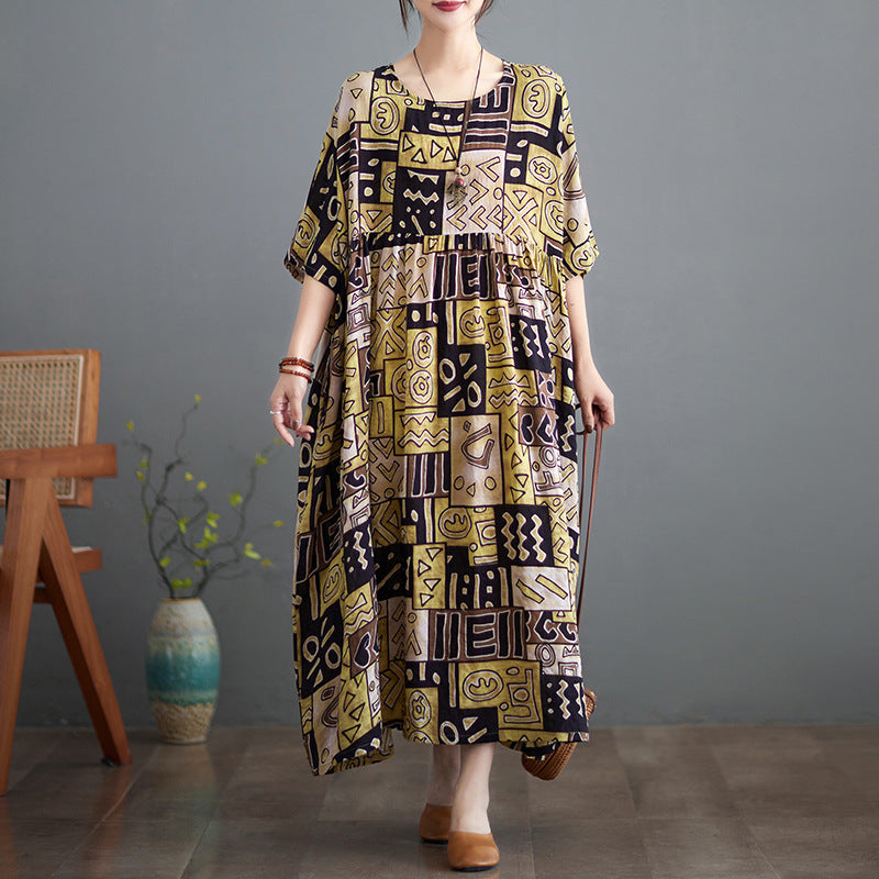 Middle-aged fat mother shows thin dress 150 jin 180 jin fat mm large size women's retro floral temperament long skirt
