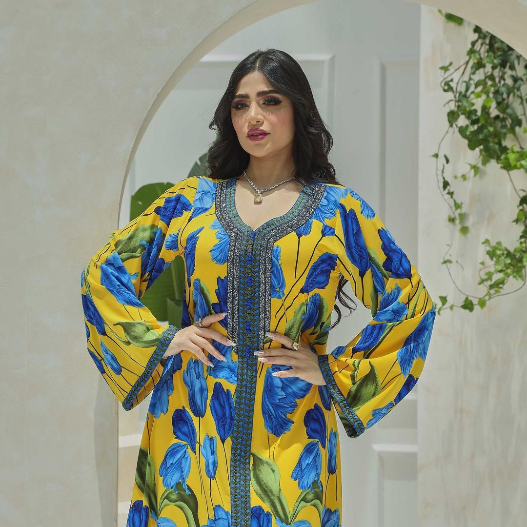 Middle East Print Kaftan Muslim Hot Diamond Robe Jalabiya Arab Traditional Ethnic Dress Dubai Turkey