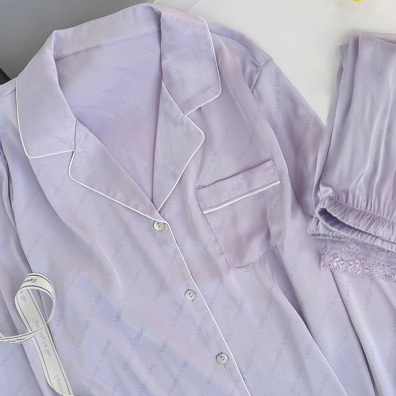 Lace Slip Letter Dark Flower Pajamas Ladies Long Sleeve Trousers Set   Homewear