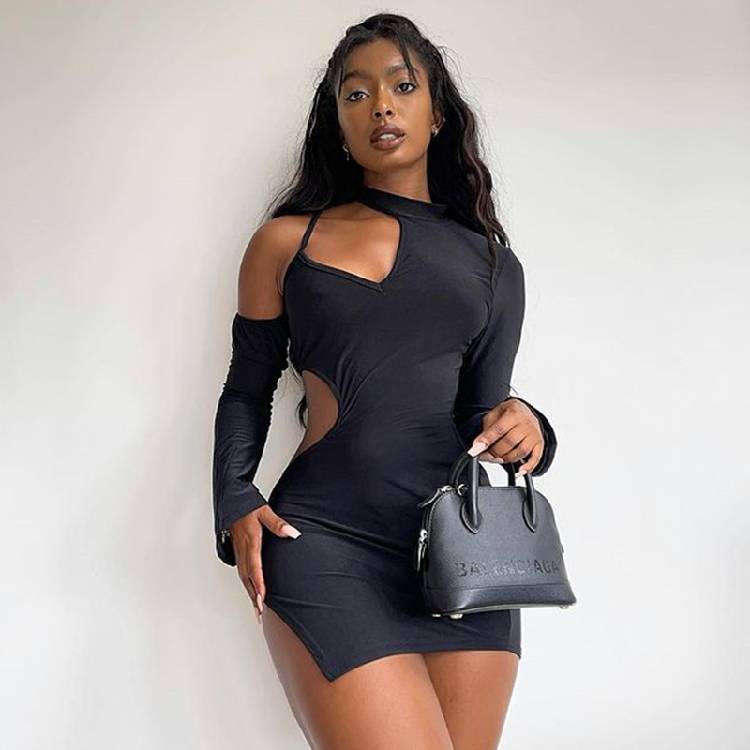 Sibybo Black Long Sleeve Cut Out Dress Women Side Split Bodycon Party Dresses Autumn Fashion Skinny Clubwear Mini Dress