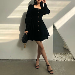 Z Black Dress Women Velvet New Mini A-line Button Long Sleeves Elegant Vintage Square Neck Slim Sturdy French Ladies Vest 2.16