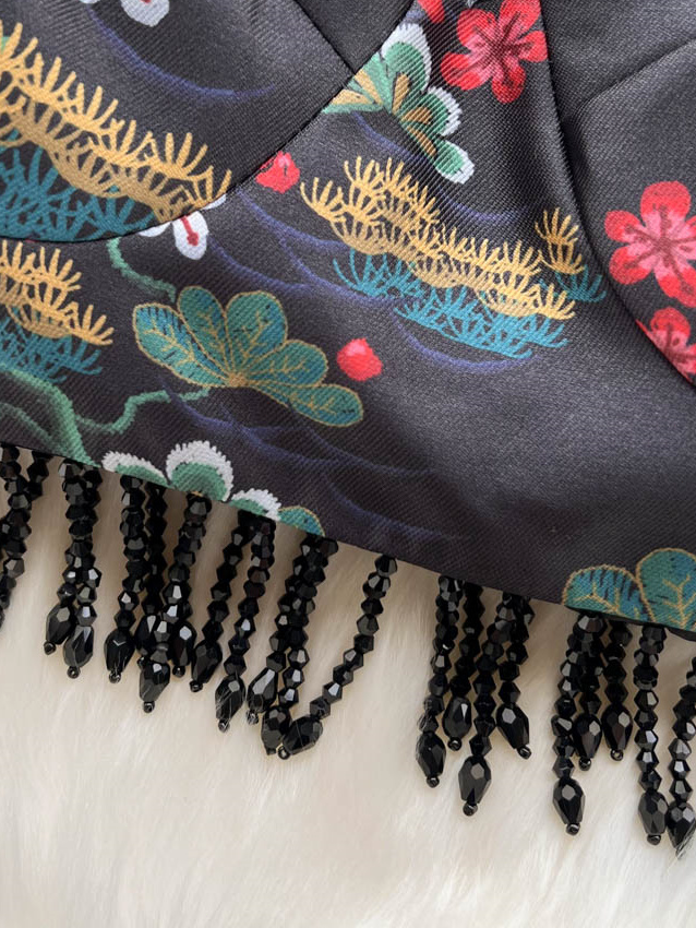 Spring and summer new women's retro court style printing suit women's strappy fringed suspender top +  waist wide-leg shorts two-piece set 7.29