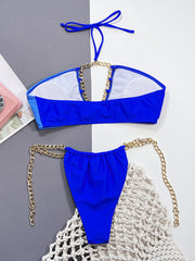 Pure color bikini sexy bikin women's strapless backless seaside beach swimming open navel hollow strap chain briefs split swimsuit ins bikini suit