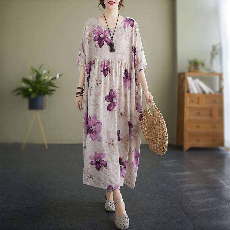 Middle-aged fat mother shows thin dress 150 jin 180 jin fat mm large size women's retro floral temperament long skirt