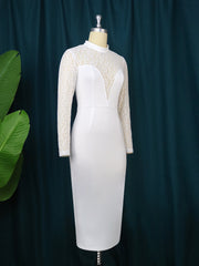 AOMEI White Bodycon Lace Dress Women High Neck See Through Deep V Long Sleeve Elegant Midi Robes Party Evening Wedding Event New