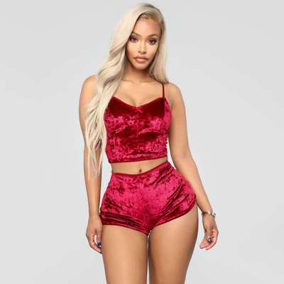 Sexy women's pajamas suspenders short skirt velvet home service underwear set