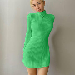 Fashion knit long sleeves high neck sexy Bodycon mini dress fall/winter women elegant clothing streetwear party Y2K green