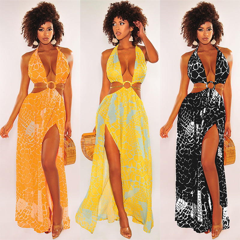 فستان فضفاض أوروبي وأمريكي للسيدات 2021 فستان بحمالات مطبوع جديد بدون أكمام وتنورة طويلة