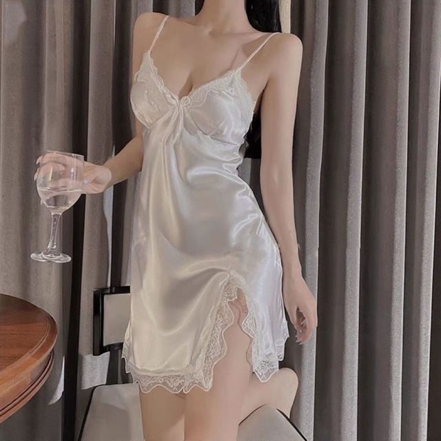 Women's Spaghetti Strap Pajamas Summer New Pajamas Sexy Lace Mini Halter Skirt Pajamas  Silk Satin Home Dress 10-21