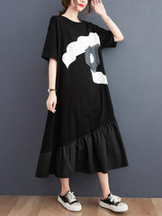 Women's European and American style summer new large size loose t-shirt women's mid-length straight slim ruffled irregular printed dress