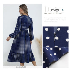 بوهو فانوس كم طويل البولكا نقطة مطبوعة ميدي فستان المرأة أنيقة خمر الوقوف طوق سبليت الخريف فستان رداء فام