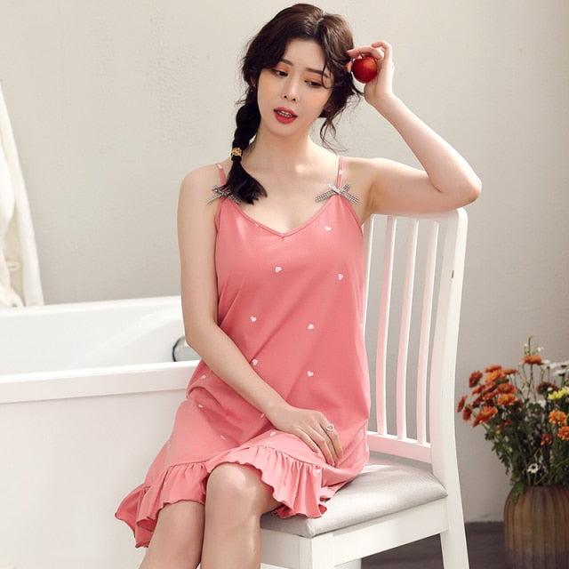 Women V-Neck Nightgowns Heart Print Night Dress Sexy Spaghetti Strap Cotton Casual Home Dress Night Shirt Sleepwear Nightwear