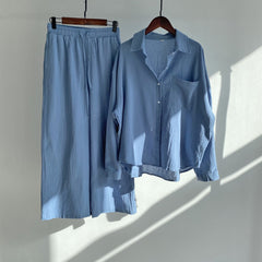European and American cotton linen shirt high waist loose trousers suit