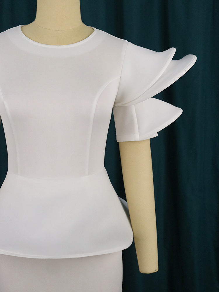 AOMEI Women Party Dress Stylish Short Sleeves Ruffles Peplum Bodycon White Event Birthday Wedding Guest Female Large Size Ladies