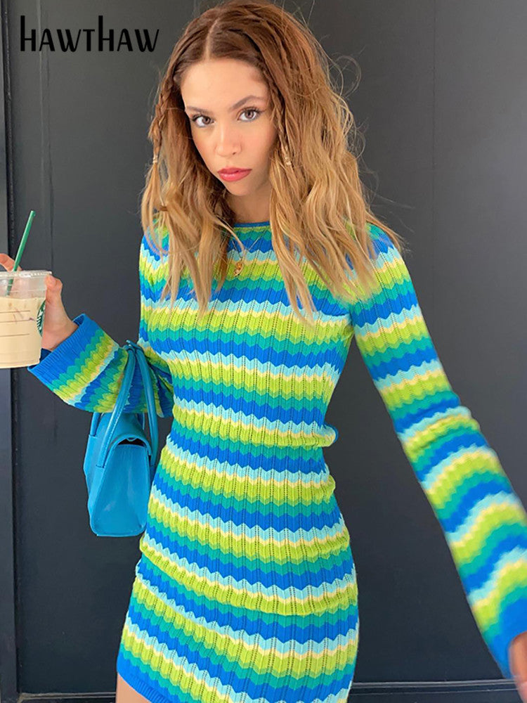 Women Long Sleeve Striped Beach Vacation Bodycon Mini Dress Streetwear