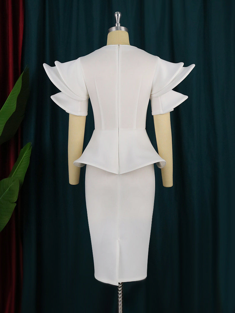 AOMEI Women Party Dress Stylish Short Sleeves Ruffles Peplum Bodycon White Event Birthday Wedding Guest Female Large Size Ladies