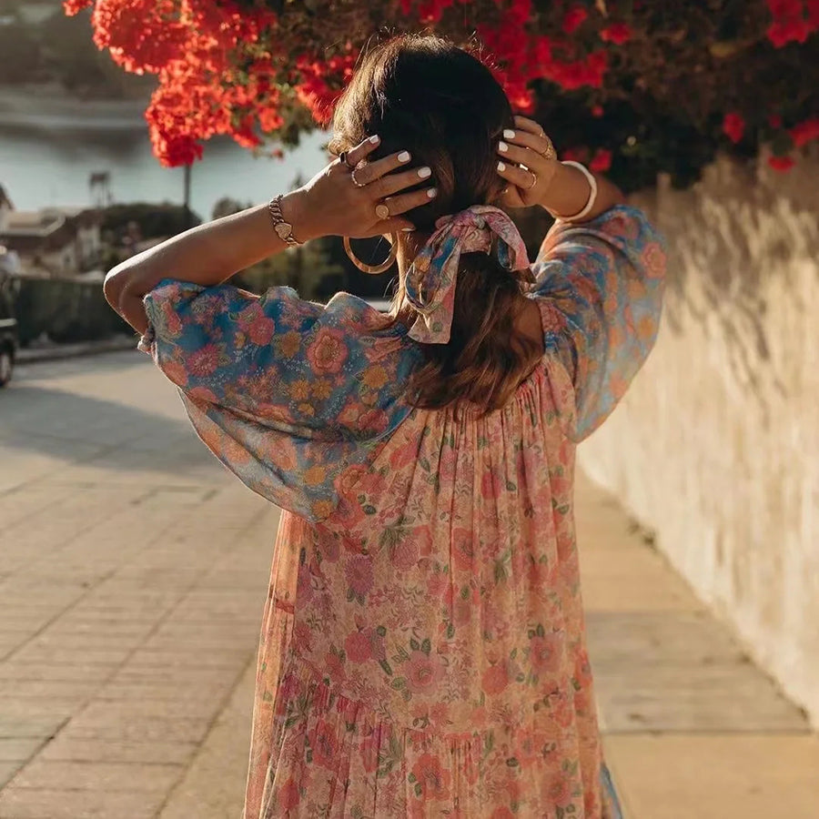 Cotton Floral Print Maxi Dress Vintage Chic Patchwork Boho Summer Women Dress Holiday Sexy Ladies Woman Dress Vestidos