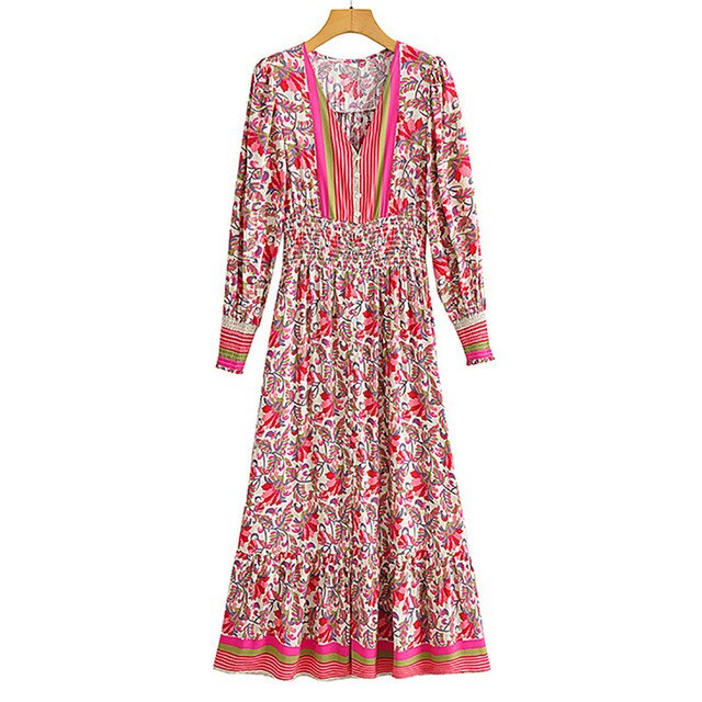 فستان نسائي طويل ماكسي بنمط بوهو مطبوع عليه زهور أنيق على شكل حرف V Nekc فساتين بأكمام طويلة فستان نسائي أنيق بفتحة أمامية على شكل حرف A 